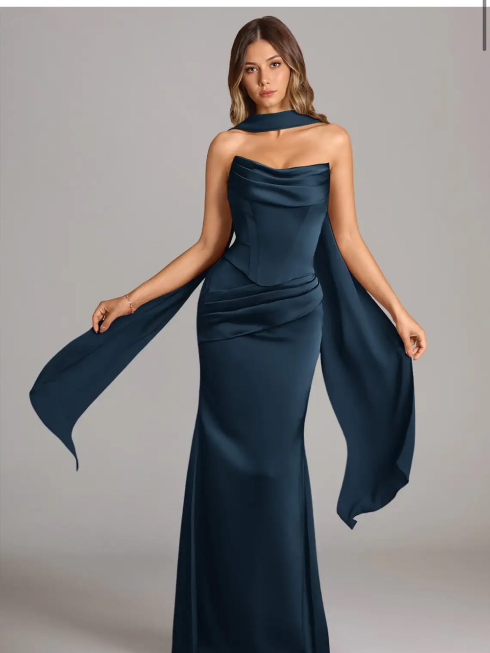 Azazie Sorrel dark navy Elegant Navy Blue Satin Evening Gown with Draped Scarf